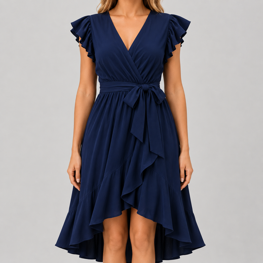 Flutter sleeve wrap midi dress with surplice V-neckline, self-tie waist, and ruffled high-low hem