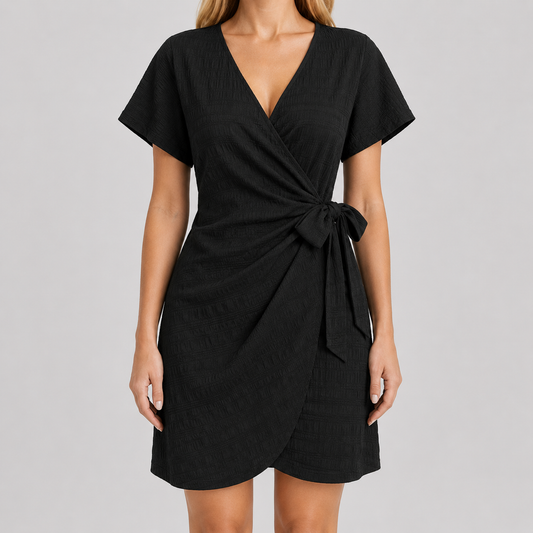 Short sleeve wrap mini dress with surplice V-neckline, side tie waist, and textured fabric