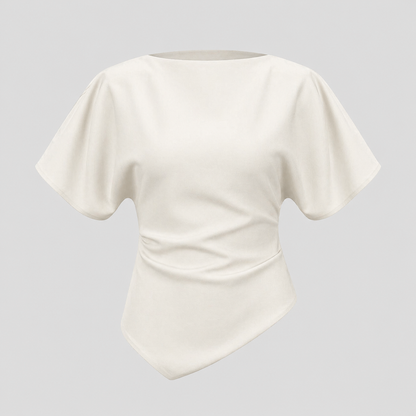 Structured blouse with bateau neckline, short draped sleeves, sculpted waist, and asymmetrical hem for a modern elegant silhouette