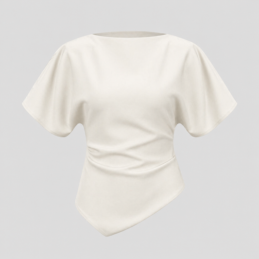 Structured blouse with bateau neckline, short draped sleeves, sculpted waist, and asymmetrical hem for a modern elegant silhouette