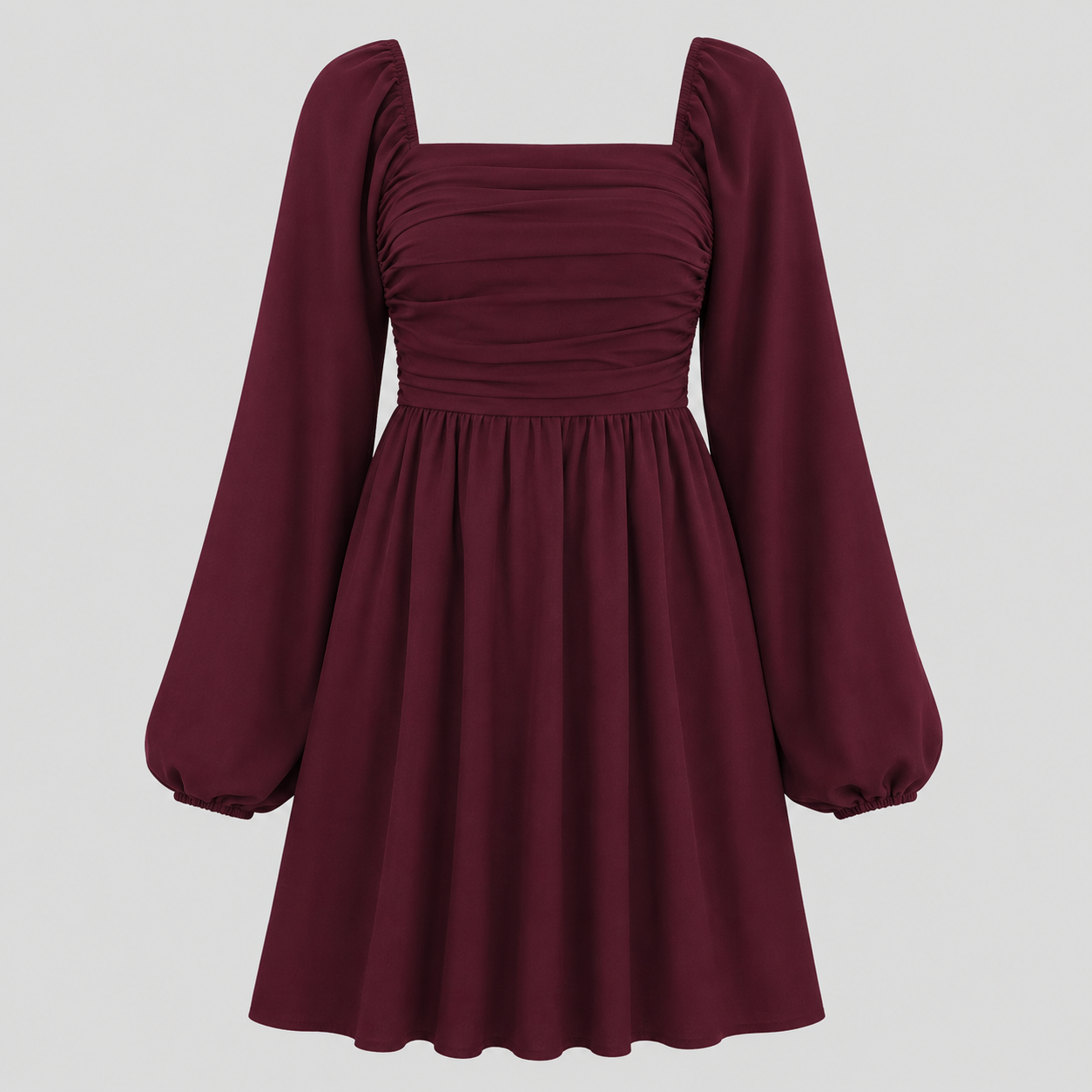Long sleeve mini dress with square neckline, pleated bodice, defined waist, and flowy fit-and-flare silhouette