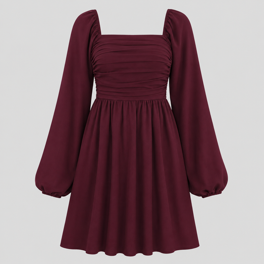 Long sleeve mini dress with square neckline, pleated bodice, defined waist, and flowy fit-and-flare silhouette