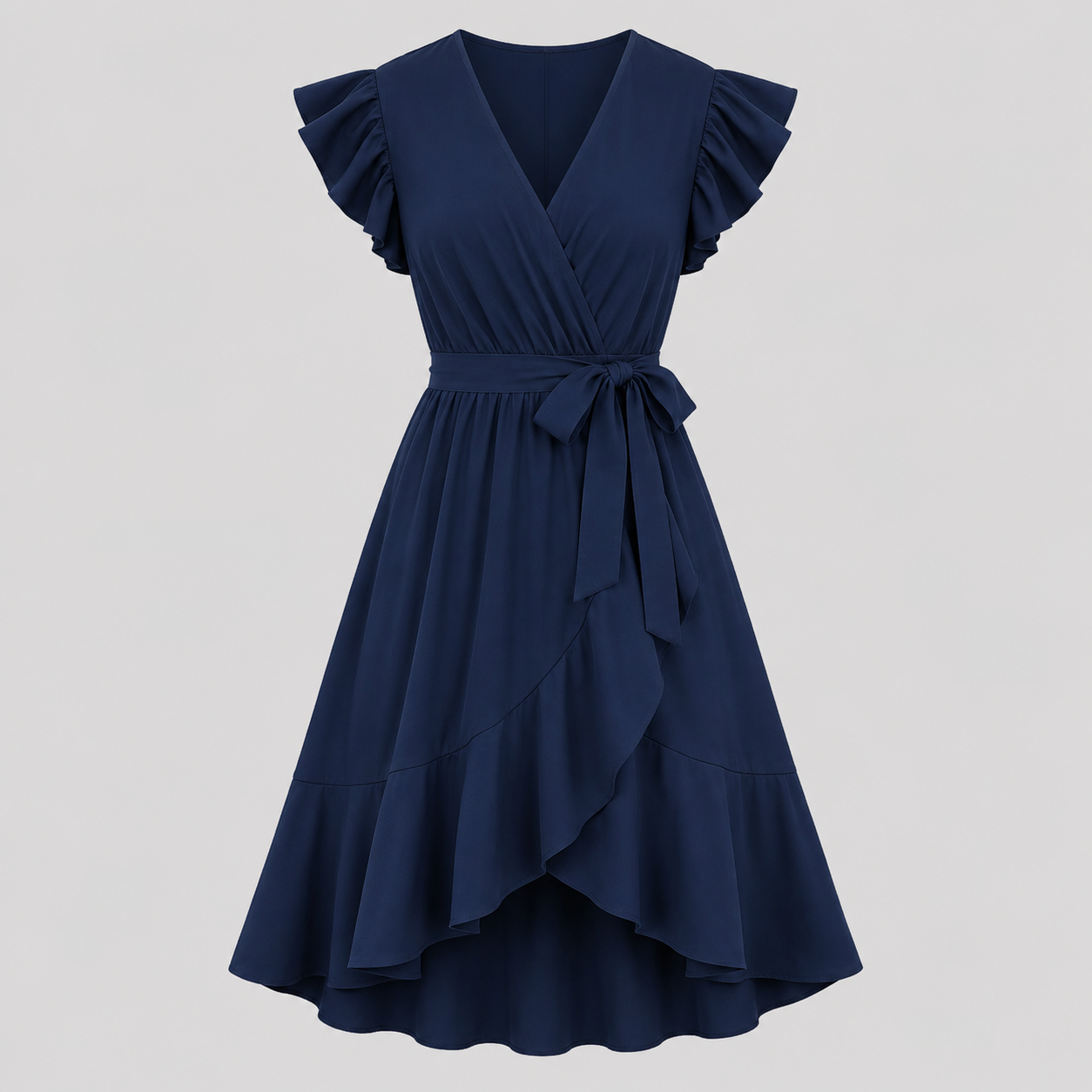 Flutter sleeve wrap midi dress with surplice V-neckline, self-tie waist, and ruffled high-low hem