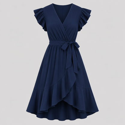 Flutter sleeve wrap midi dress with surplice V-neckline, self-tie waist, and ruffled high-low hem