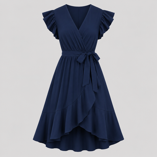 Flutter sleeve wrap midi dress with surplice V-neckline, self-tie waist, and ruffled high-low hem