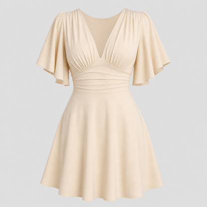 Flutter sleeve mini dress with deep V-neckline, gathered bodice, defined waistband, and fit-and-flare silhouette