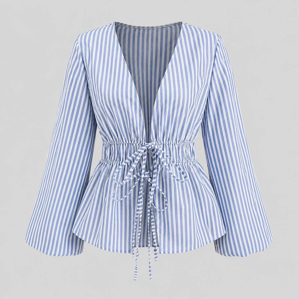 Striped tie-waist blouse with deep V-neck open front, long bell sleeves, and flared hem for a feminine tailored silhouette