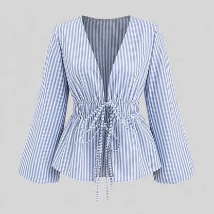 Striped tie-waist blouse with deep V-neck open front, long bell sleeves, and flared hem for a feminine tailored silhouette