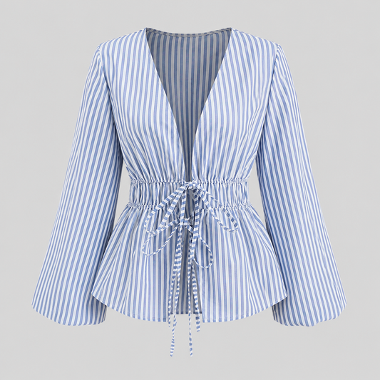 Striped tie-waist blouse with deep V-neck open front, long bell sleeves, and flared hem for a feminine tailored silhouette