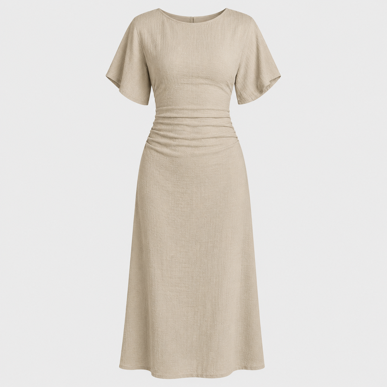 Short sleeve maxi dress with round neckline, ruched waistband, and sleek column silhouette