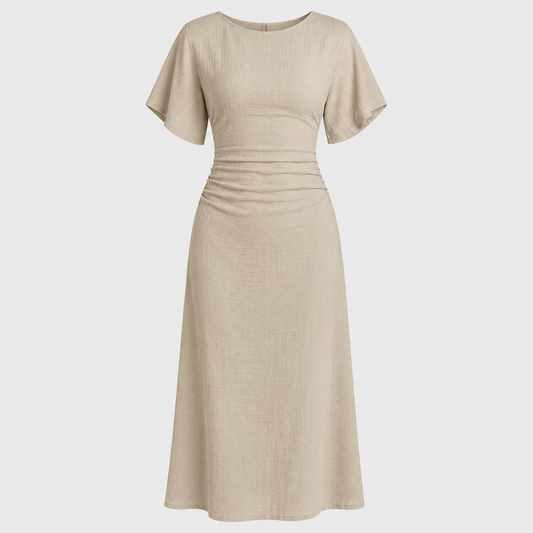 Short sleeve maxi dress with round neckline, ruched waistband, and sleek column silhouette