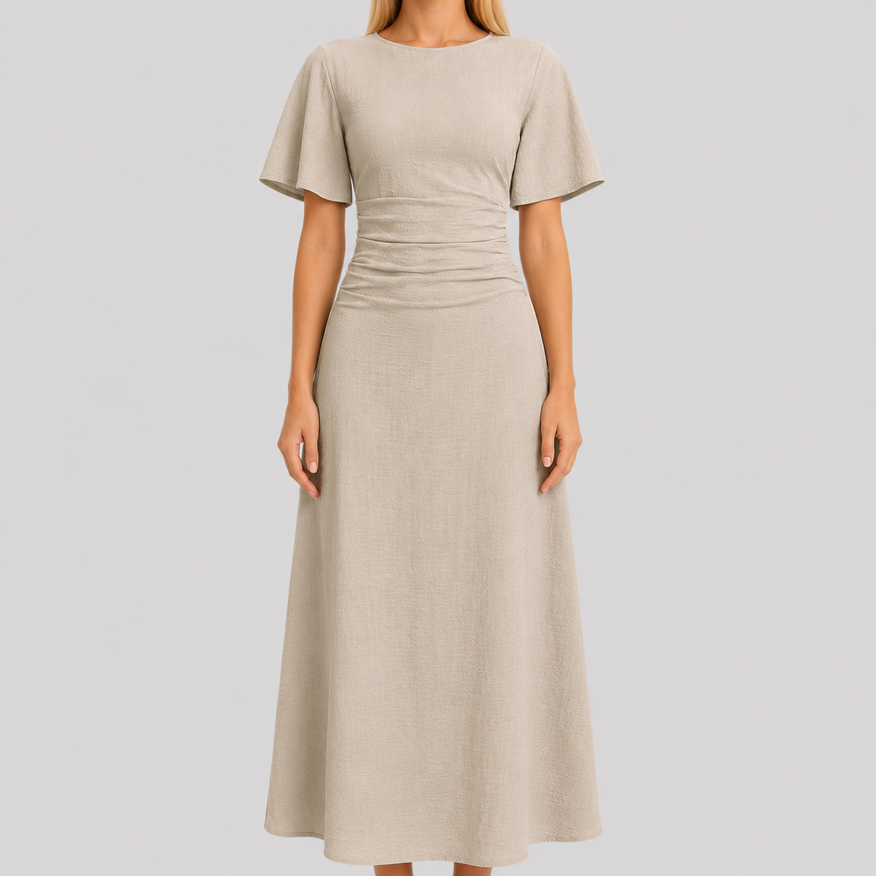 Short sleeve maxi dress with round neckline, ruched waistband, and sleek column silhouette