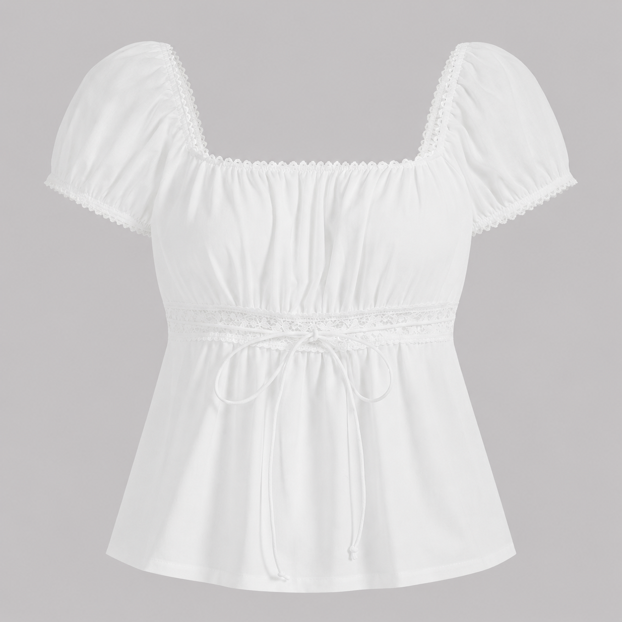 Square-neck peplum top with lace trim, short puff sleeves, adjustable drawstring waist, and flowy hem for a romantic feminine look