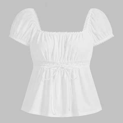 Square-neck peplum top with lace trim, short puff sleeves, adjustable drawstring waist, and flowy hem for a romantic feminine look