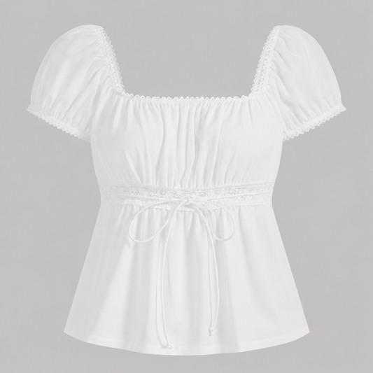 Square-neck peplum top with lace trim, short puff sleeves, adjustable drawstring waist, and flowy hem for a romantic feminine look