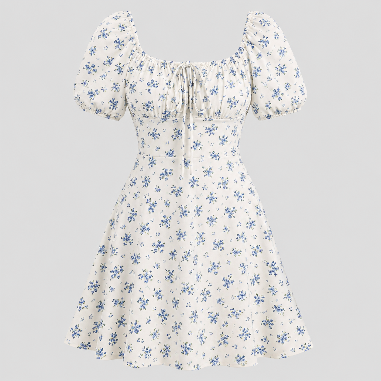 Floral mini dress with square neckline, front tie detail, short puff sleeves, and fit-and-flare silhouette