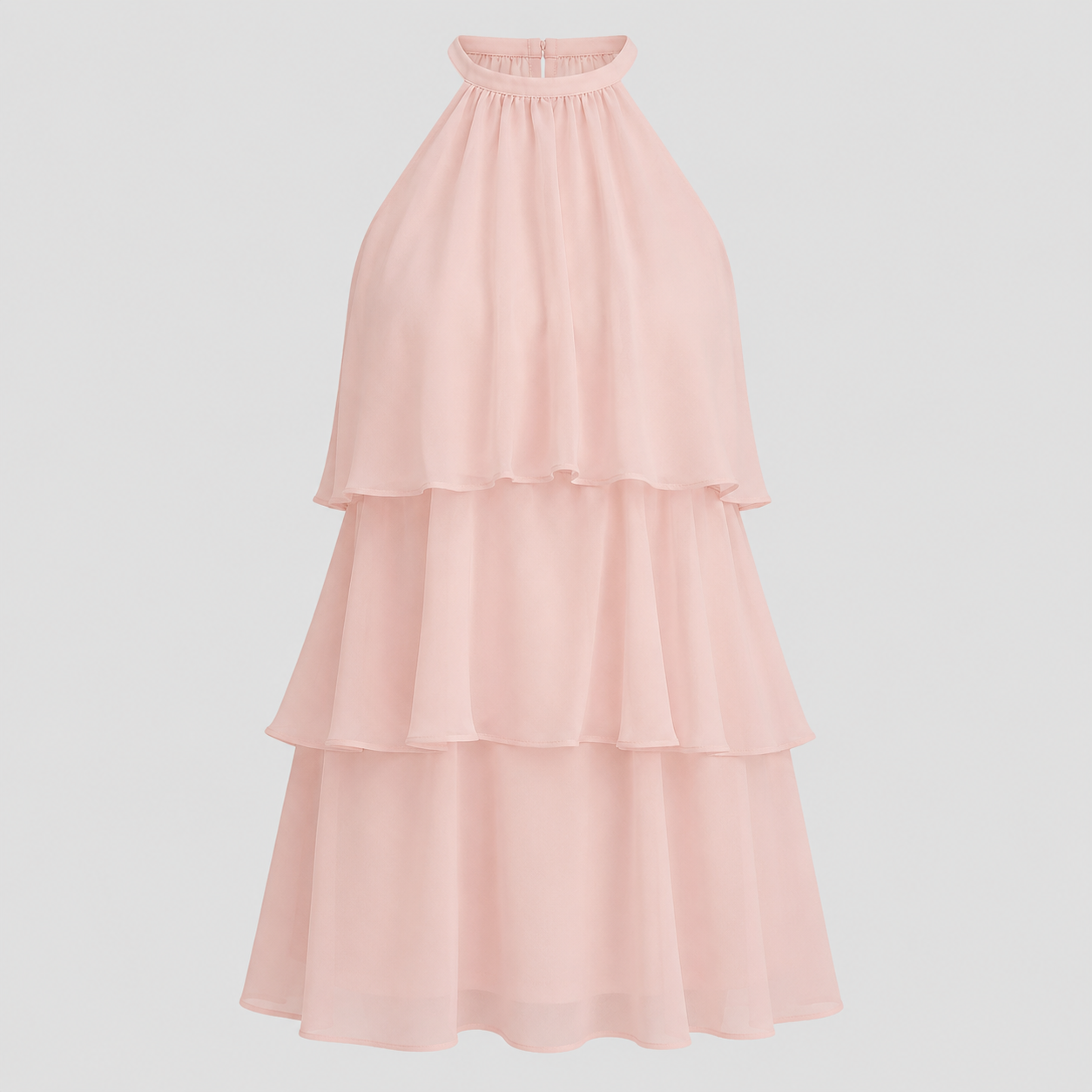 Sleeveless tiered mini dress with halter neckline and cascading chiffon ruffles