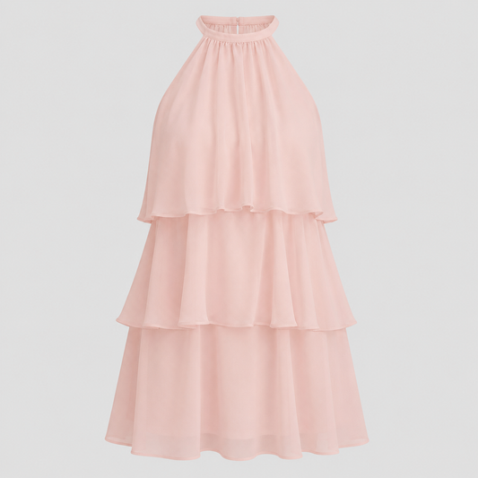 Sleeveless tiered mini dress with halter neckline and cascading chiffon ruffles