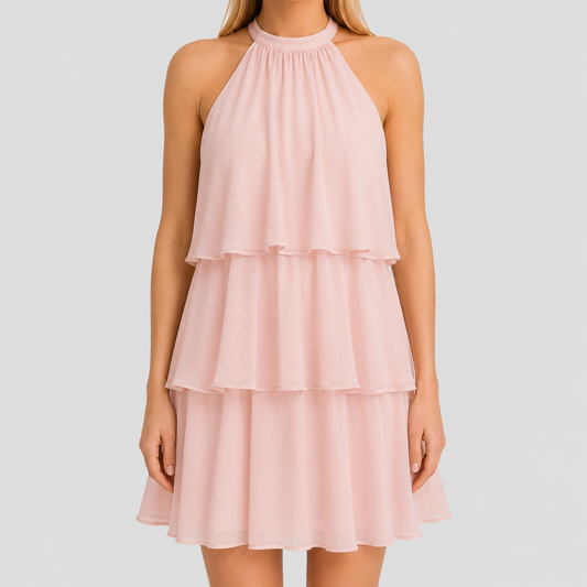 Sleeveless tiered mini dress with halter neckline and cascading chiffon ruffles