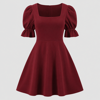 Square-neck mini dress with short puff sleeves, fitted waist, and flared fit-and-flare skirt
