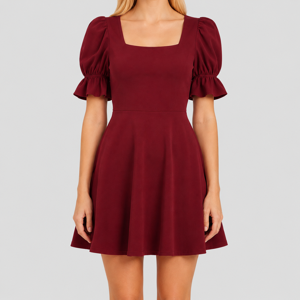 Square-neck mini dress with short puff sleeves, fitted waist, and flared fit-and-flare skirt