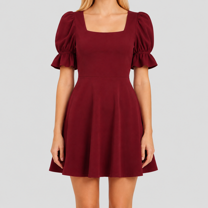 Square-neck mini dress with short puff sleeves, fitted waist, and flared fit-and-flare skirt