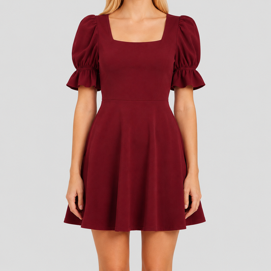 Square-neck mini dress with short puff sleeves, fitted waist, and flared fit-and-flare skirt
