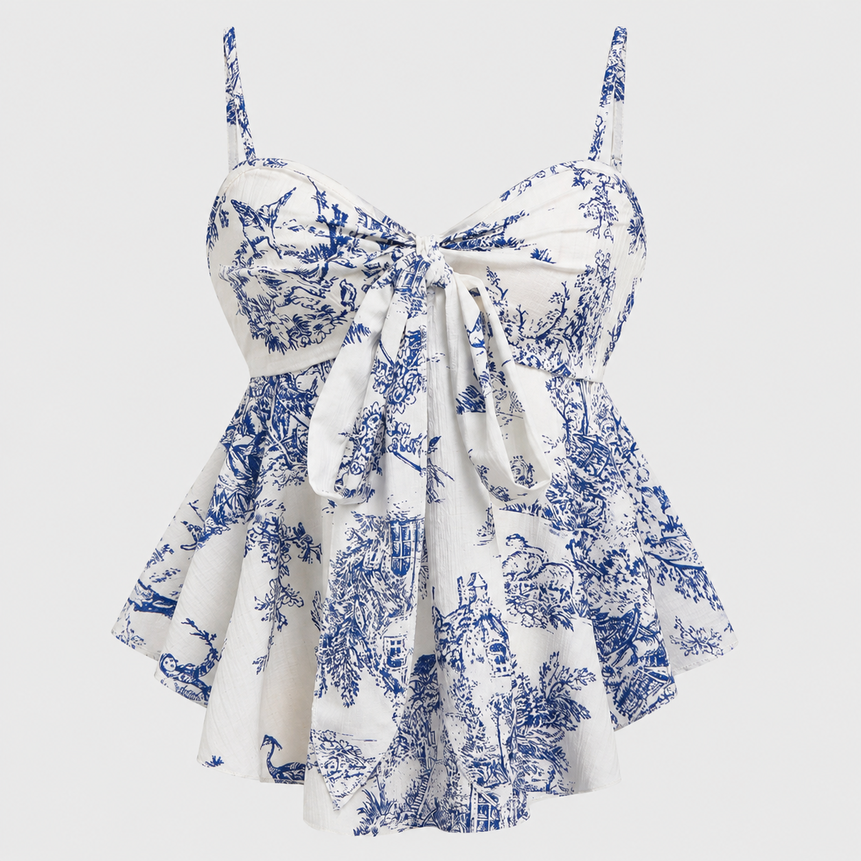 Sleeveless peplum cami top with sweetheart neckline, front bow tie detail, and flared hem in a toile-inspired print