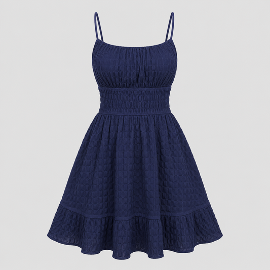 Sleeveless mini sundress with square neckline, smocked waistband, textured fabric, and flared ruffle hem