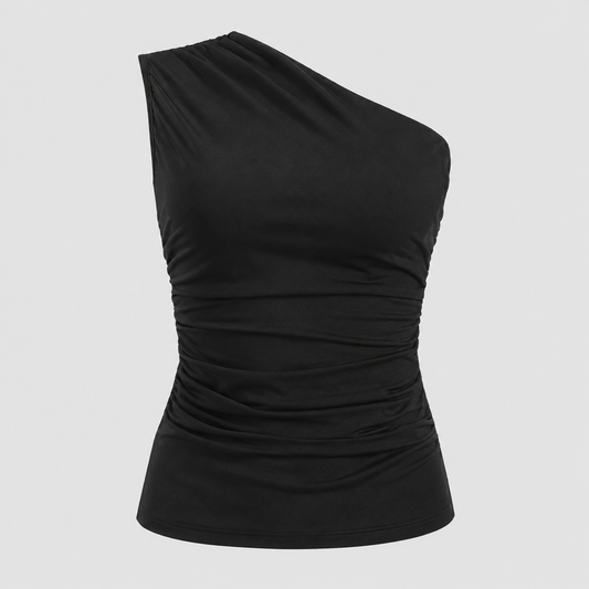 One-shoulder ruched fitted top with asymmetrical neckline and sleek body-contouring silhouette