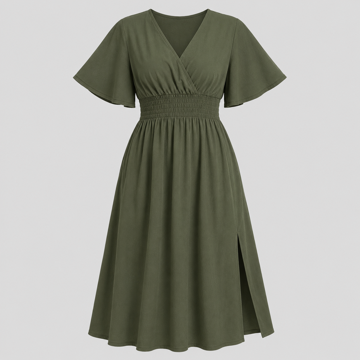 Flutter sleeve maxi dress with surplice V-neckline, smocked waistband, and flowing floor-length silhouette