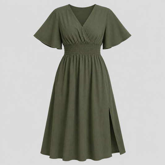 Flutter sleeve maxi dress with surplice V-neckline, smocked waistband, and flowing floor-length silhouette