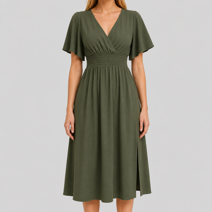Flutter sleeve maxi dress with surplice V-neckline, smocked waistband, and flowing floor-length silhouette