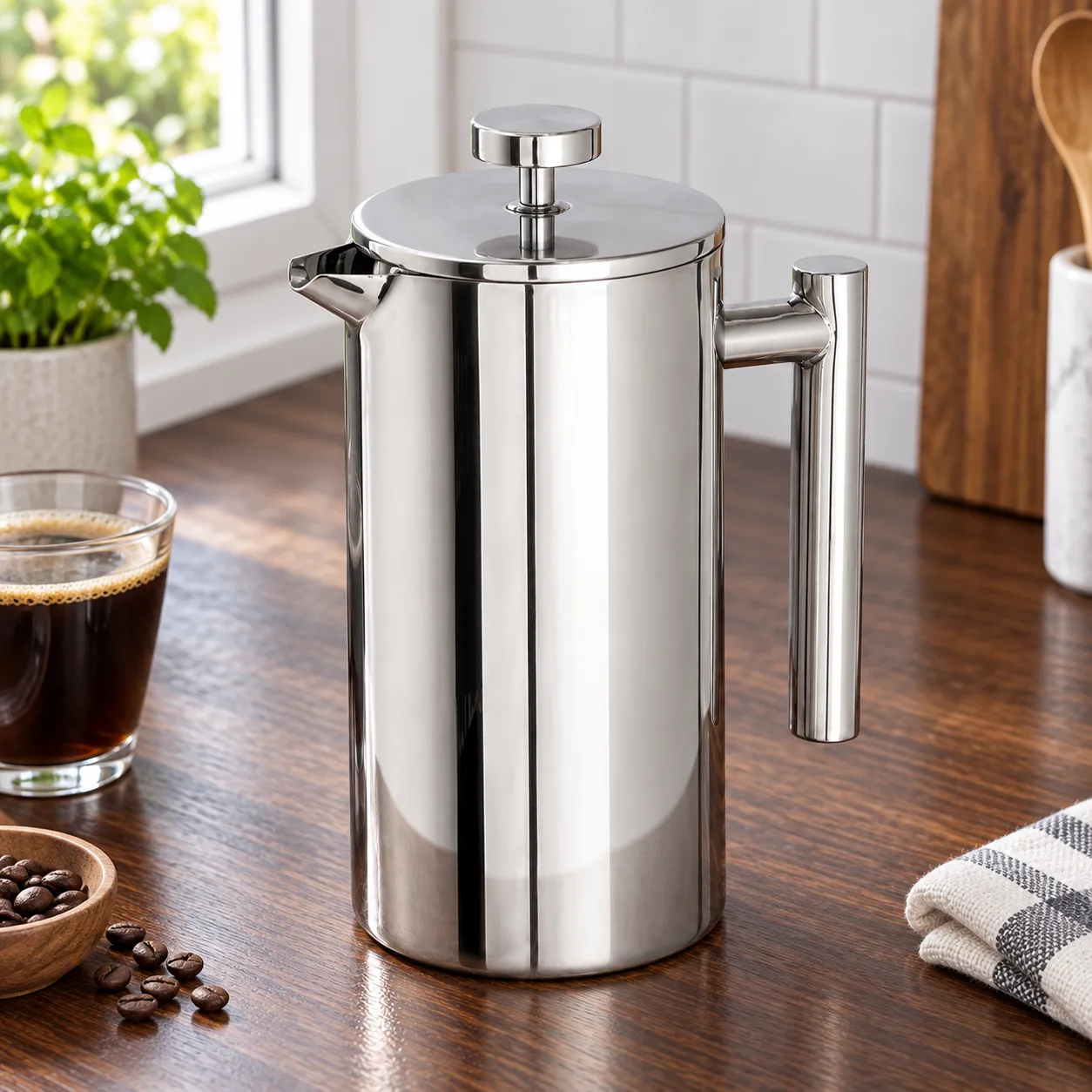 Steel French Press, Silver · 1 litre: close view of source-supported construction