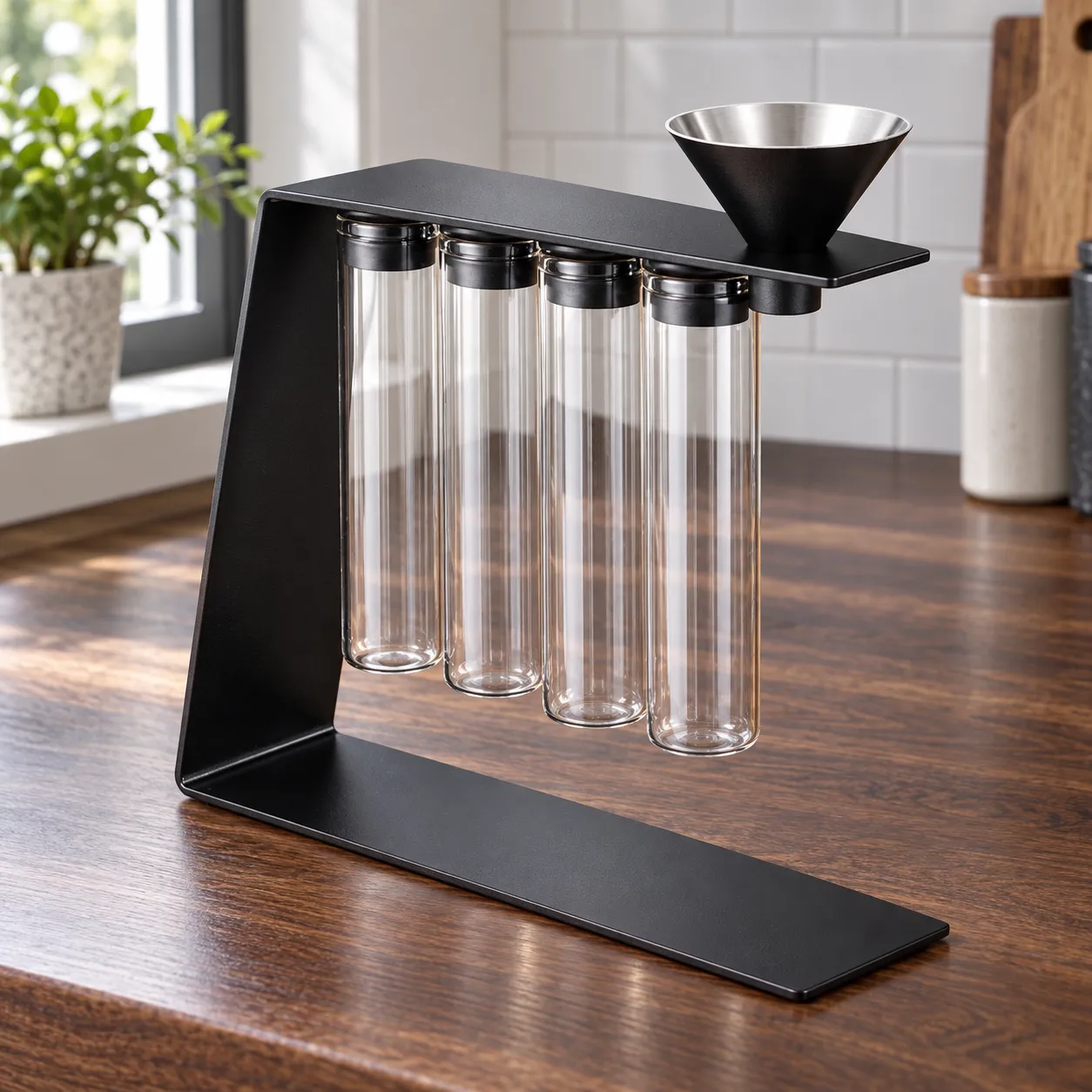 Four-Dose Bean Set, Four glass tubes · black stand: complete selected product in a kitchen