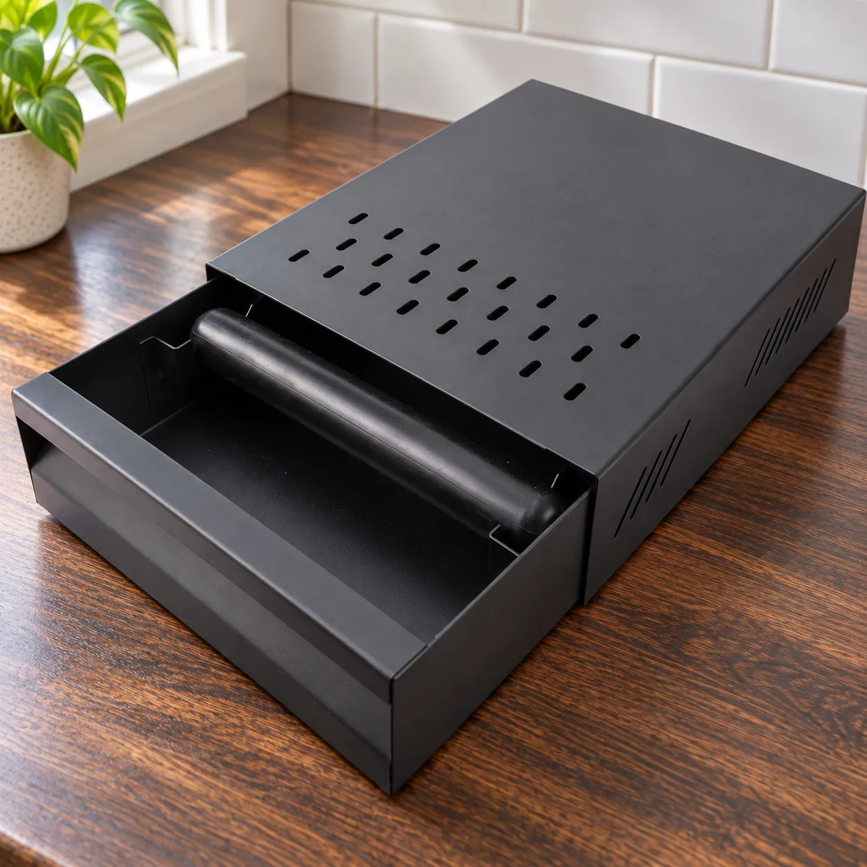 Espresso Knock Drawer, Black: close view of source-supported construction