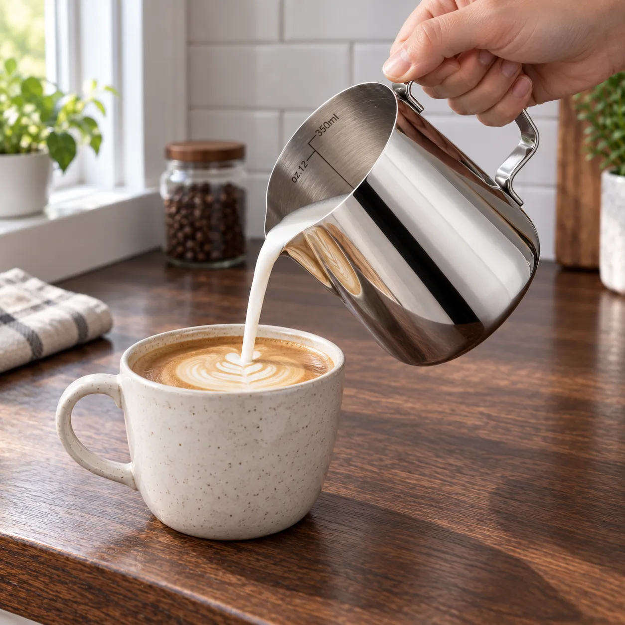 Milk Pouring Pitcher, Silver · 350 ml: shown in use; styling props excluded unless listed in contents