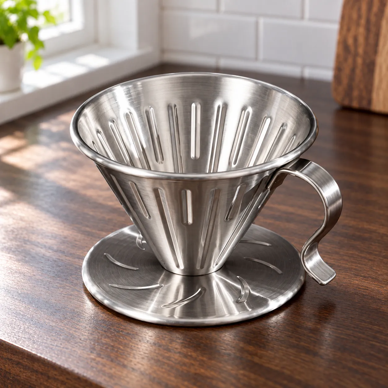 Steel Pour-Over Dripper, Silver · one dripper: close view of source-supported construction