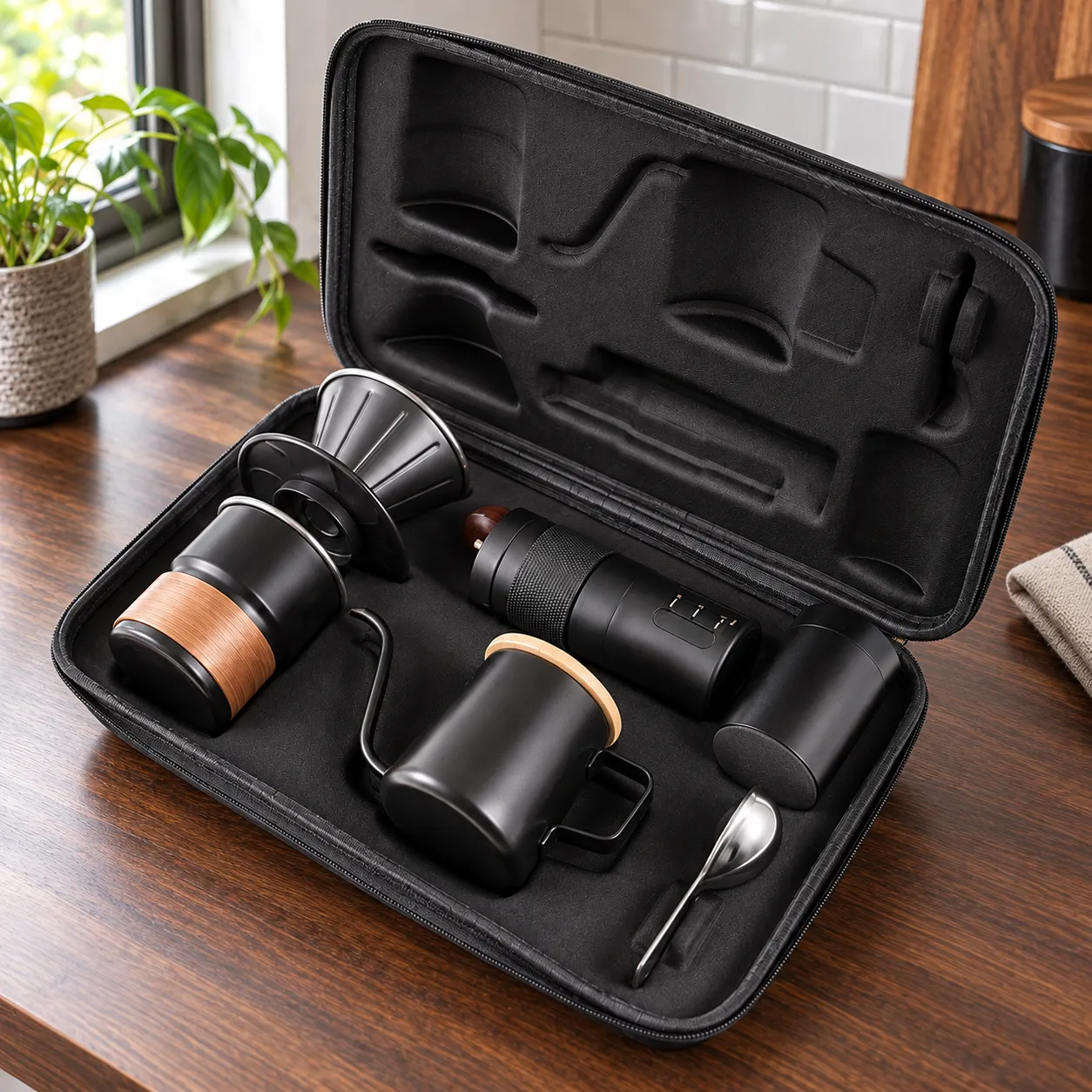 Travel Brew Kit, Black · fitted carry case: close view of source-supported construction