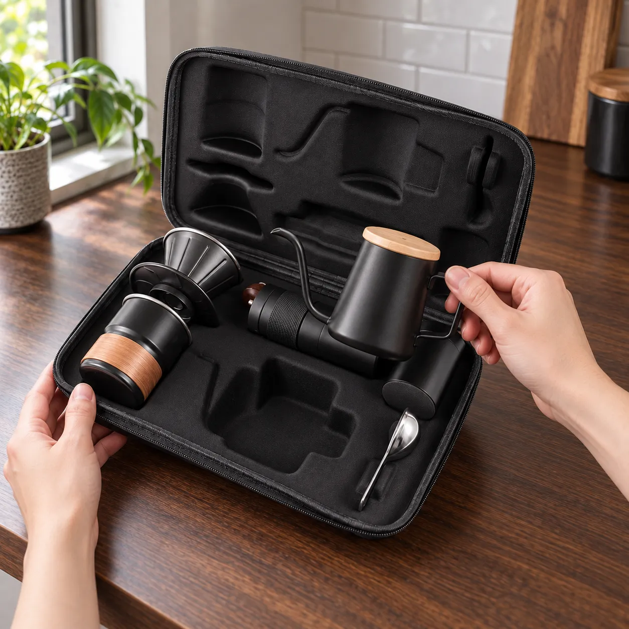 Travel Brew Kit, Black · fitted carry case: shown in use; styling props excluded unless listed in contents