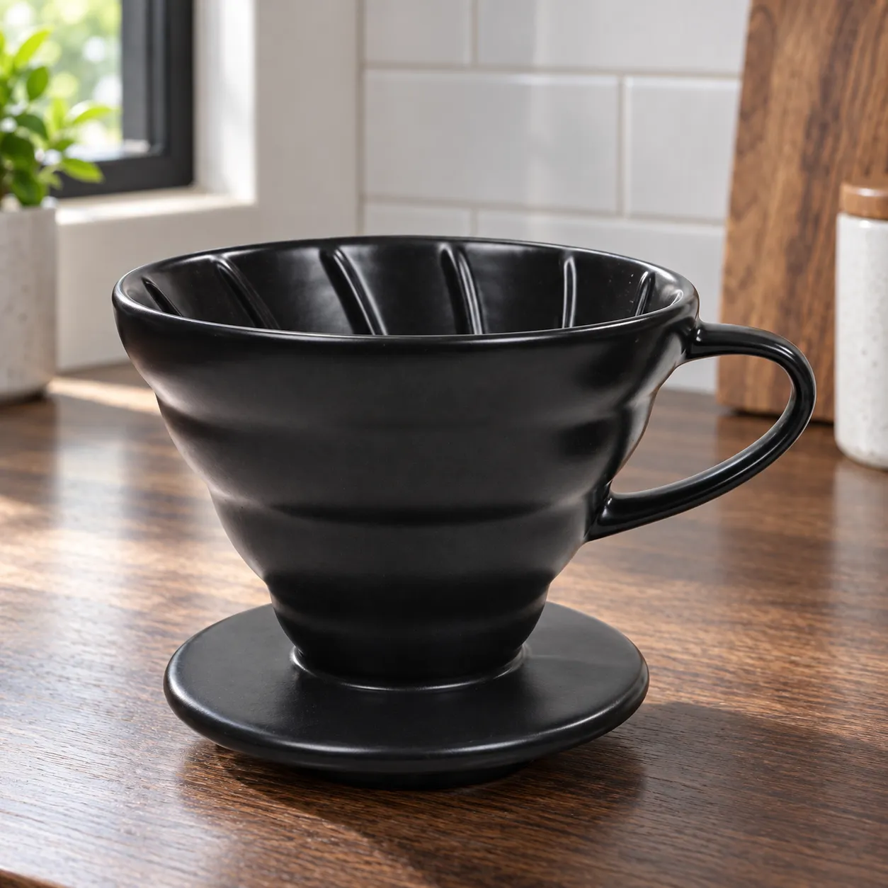 Porcelain Pour-Over Dripper, Black · cone dripper: complete selected product in a kitchen