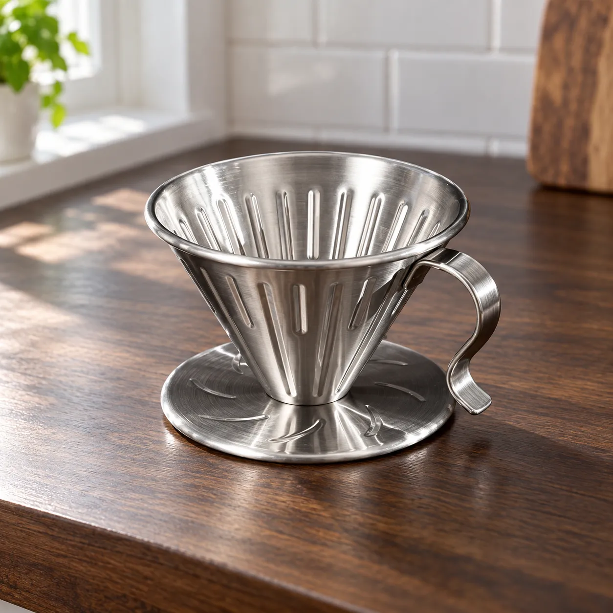 Steel Pour-Over Dripper, Silver · one dripper: complete selected product in a kitchen