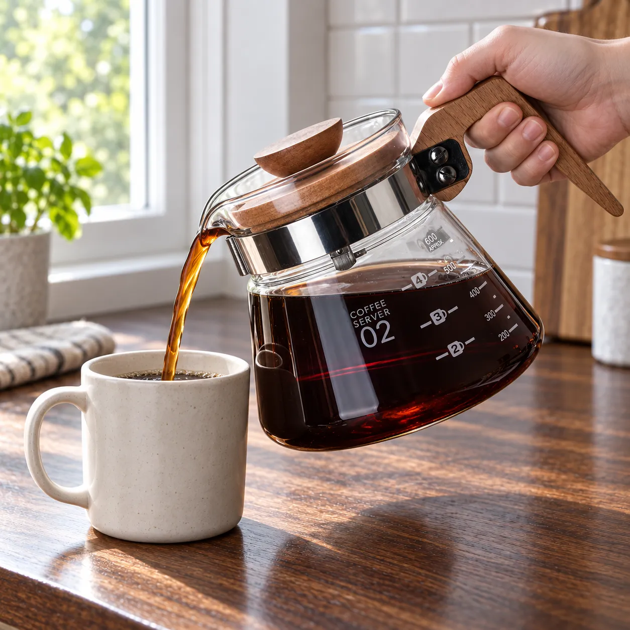 Glass Coffee Server, Clear glass · 600 ml: shown in use; styling props excluded unless listed in contents