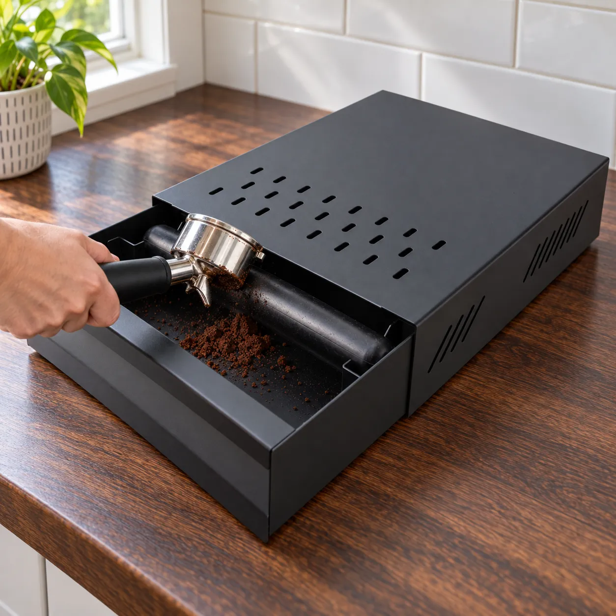 Espresso Knock Drawer, Black: shown in use; styling props excluded unless listed in contents