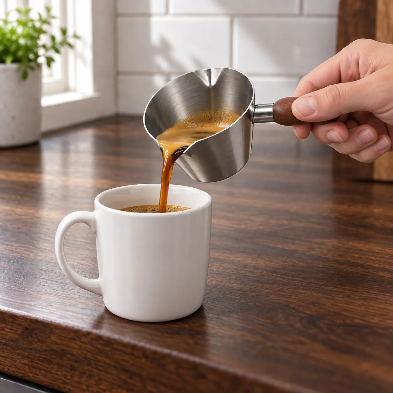 Espresso Pouring Cup, Silver · 120 ml: shown in use; styling props excluded unless listed in contents