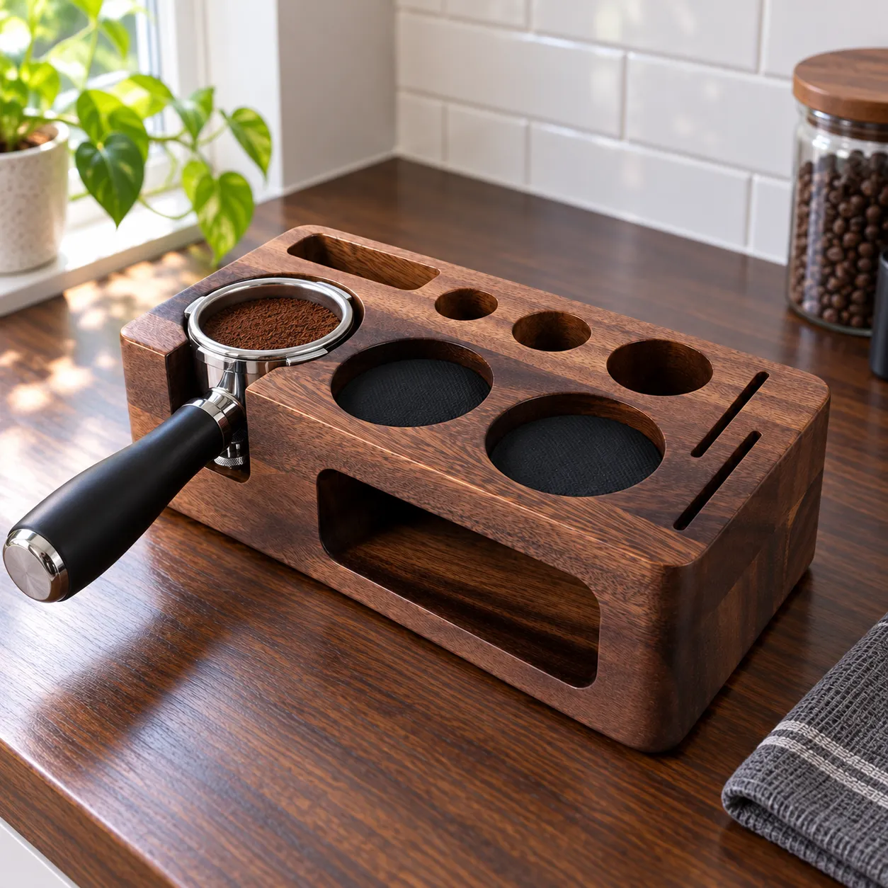 Walnut Espresso Station, Black walnut: shown in use; styling props excluded unless listed in contents