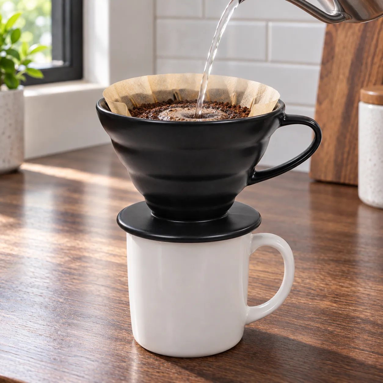 Porcelain Pour-Over Dripper, Black · cone dripper: shown in use; styling props excluded unless listed in contents