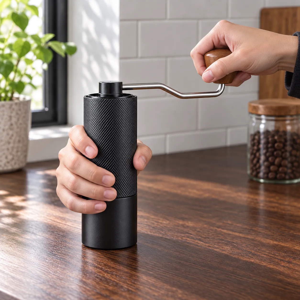 Daily Hand Grinder, Black · steel burr: shown in use; styling props excluded unless listed in contents