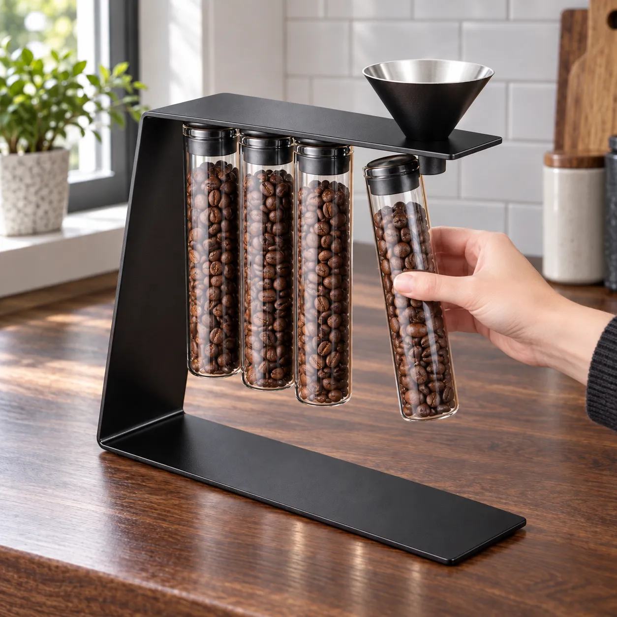 Four-Dose Bean Set, Four glass tubes · black stand: shown in use; styling props excluded unless listed in contents