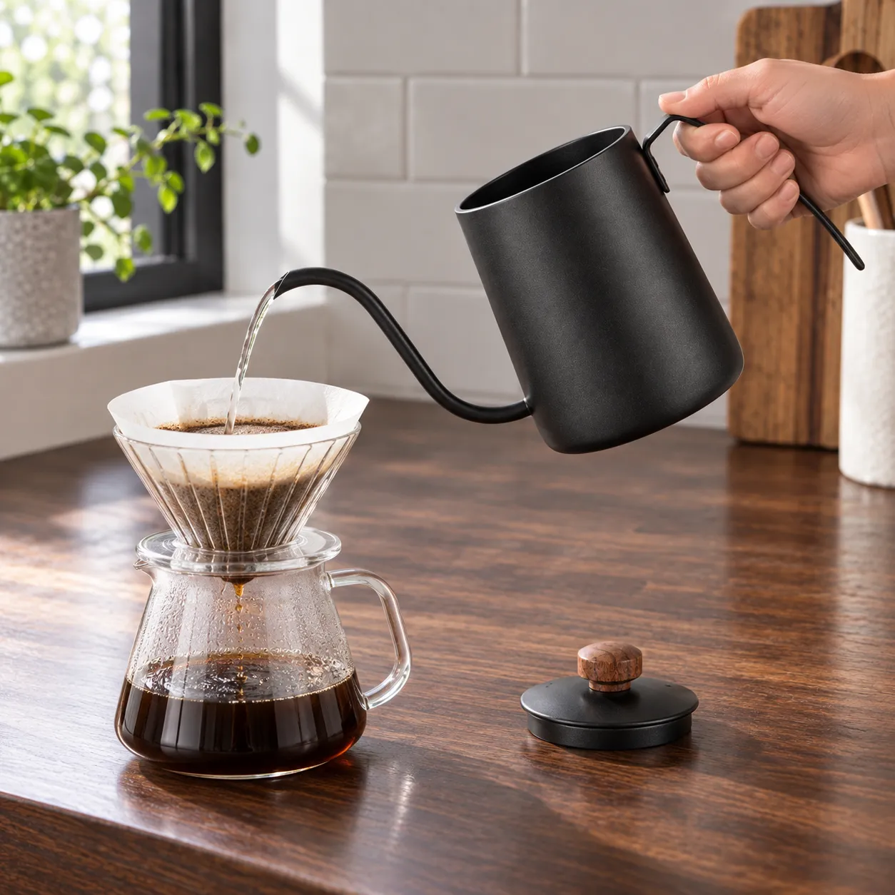 Daily Pour Pot, Black · 350 ml: shown in use; styling props excluded unless listed in contents